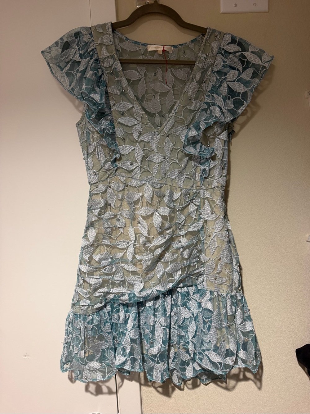 LoveShackFancy Light Blue Leaf Lace Mini Dress